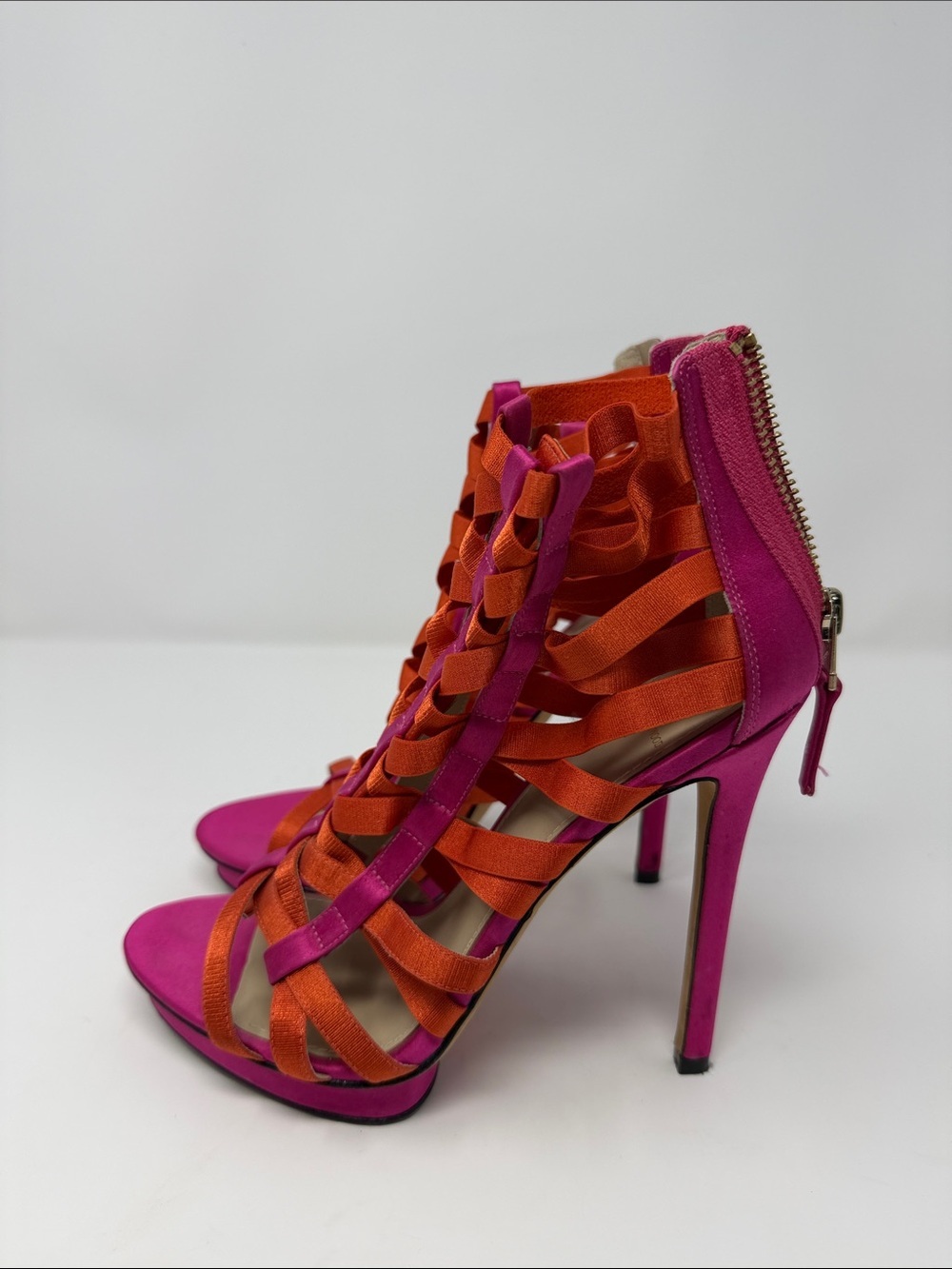 Brian Atwood Strappy Gladiator Sandals in Fuchsia and Orange - Picture 2 of 7